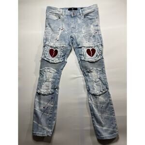 Focus Jeans Men's Distressed Heart Moto Skinny Blue Denim Jeans - Size 34x30